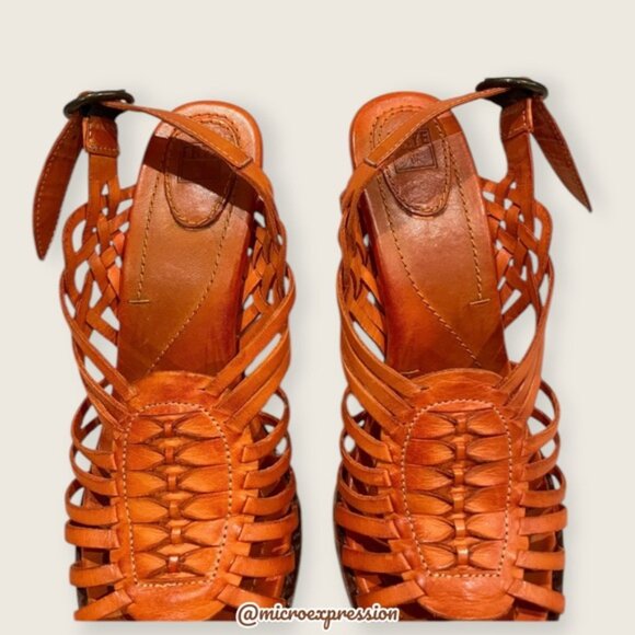 $329 Frye Joy Huarache Cognac Leather Sling Strappy Leather Sandal/Platform Heel - Picture 6 of 12